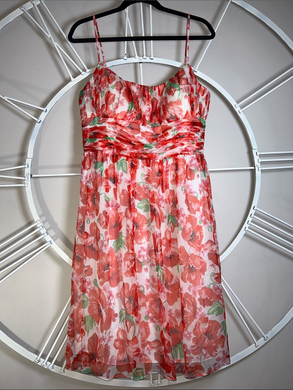 Muse by Boston Proper 100% Silk Red Floral Ruched Midi Dress